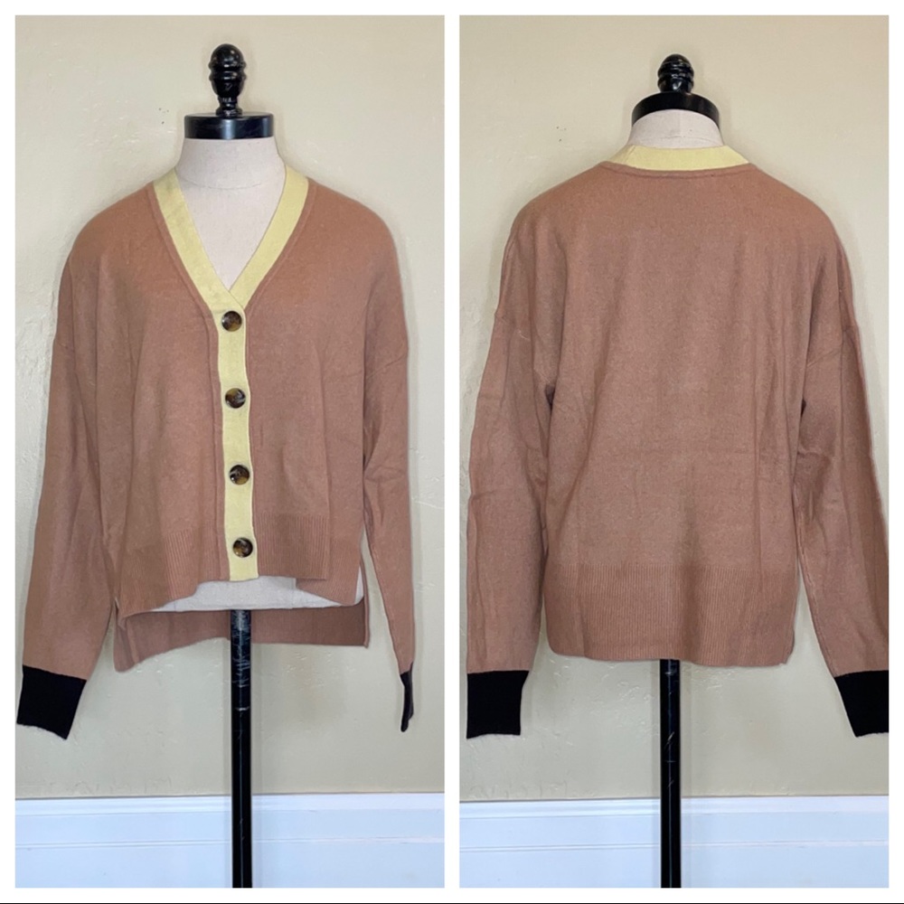 Ann Taylor Cardigan Colorblock Light Brown Yellow Black Sweater Size Medium